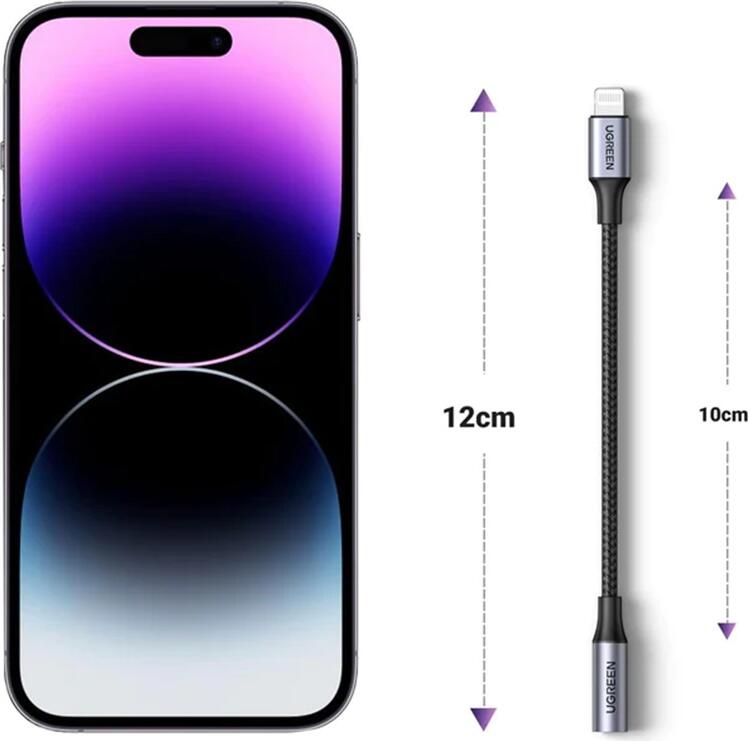 Adaptor Audio UGREEN US211 Lightning la 3.5mm Female, Certificare Apple MFi, Cablu Impletit din Nailon si Aluminiu, Suporta Control Volum si Microfon, Gri