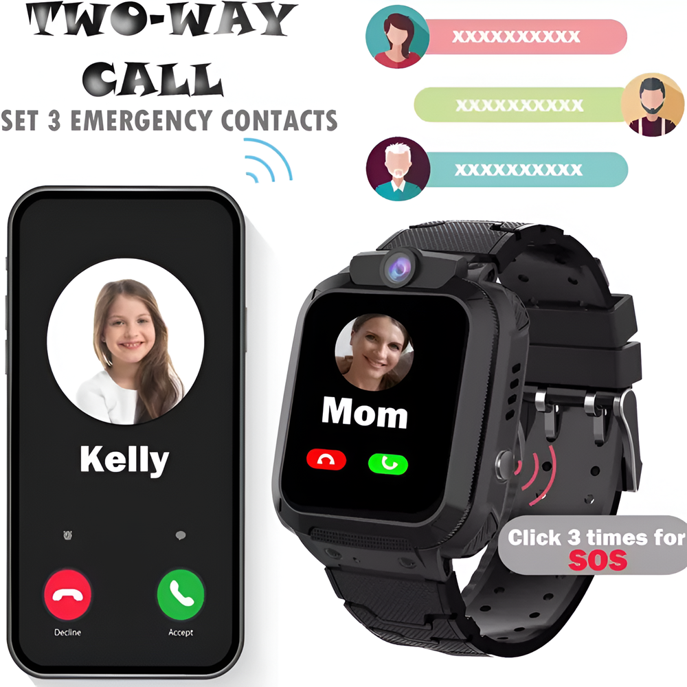 Helmet 2G-TD27 Smart Kids Watch with GPS Tracking, 1.44" IPS Touch Screen, Two-Way Calling, SOS Button, IP67 Waterproof, 400mAh Battery, Android & iOS, Color: Black