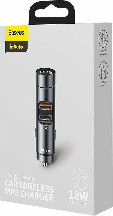 Baseus Energy Column CCNLZ-C0G FM Modulator Car Charger, Bluetooth v5.0, 18W QC3.0 Fast Charging, Dual USB Ports, TF Card/USB Support, Digital Display