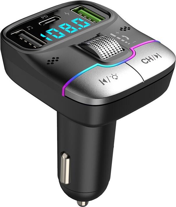 Helmet G40 FM Bluetooth Transmitter Car Adapter, 25W PD Fast Charging, USB Type-C & Dual USB Ports, Hands-Free Calling, LED Display, Black