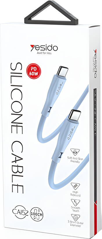Yesido CA152 Liquid Silicone USB Type-C to USB Type-C Cable, Blue, 60W PD Fast Charging, 100cm, Pure Copper Core, Soft-Touch Flexible Jacket