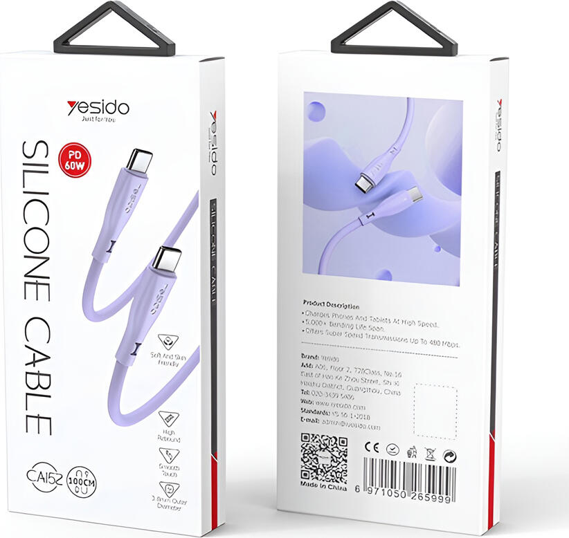 Yesido CA152 Liquid Silicone USB Type-C to USB Type-C Cable, Purple, 60W PD Fast Charging, 100cm, Pure Copper Core, Soft-Touch Flexible Jacket
