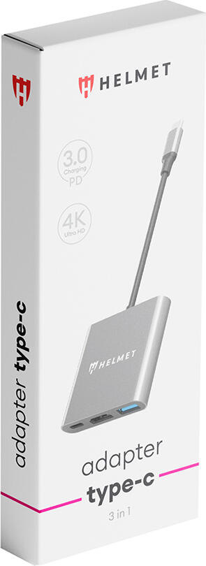 Адаптер Helmet HC-04 3-в-1 USB Type-C, HDMI 4K Ultra HD, USB 3.0 и USB-C Power Delivery PD для быстрой зарядки, металлический корпус, серый