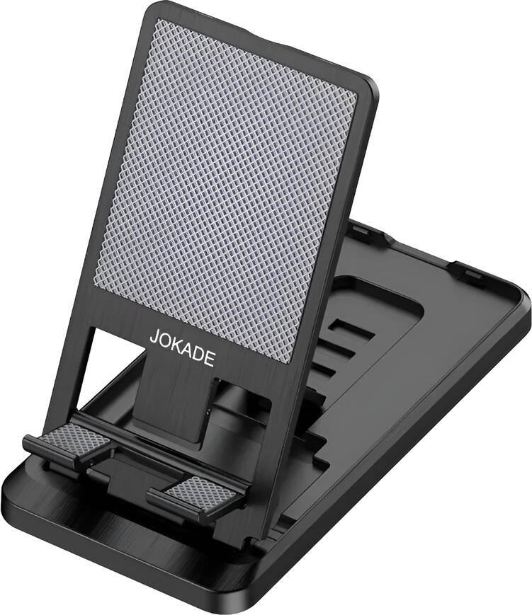 Jokade Beiya JE003 Universal Phone Holder, ABS Plastic Table Desk Stand, Compact Foldable Hands-Free Mobile Mount with Non-Slip Pads, Black