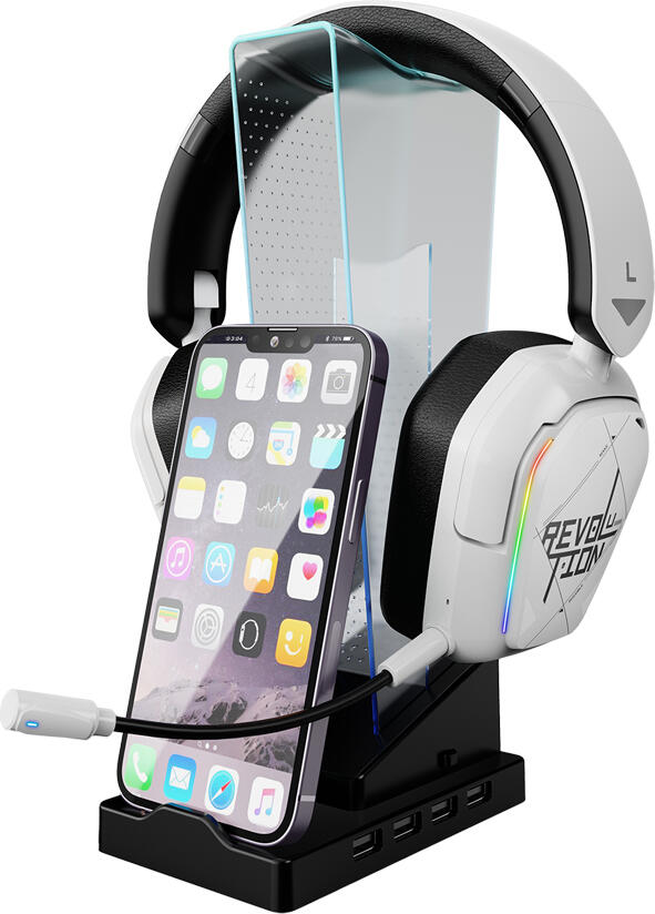 Xtrike Me HT-09 RGB Gaming Headset Stand with 4-Port USB 2.0 Hub, Integrated Mobile Phone Holder and Anti-Slip Base, Black Plastic, 260x130x80mm