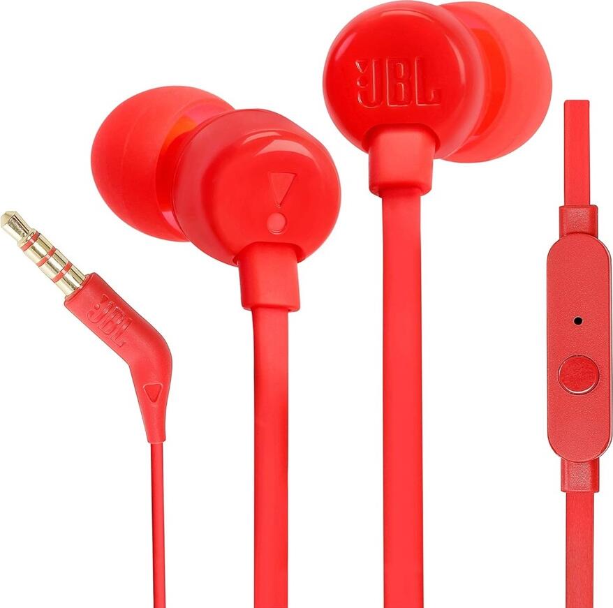 Проводные внутриканальные наушники JBL Tune 110 - Красный, с Pure Bass, динамики 9 мм, плоский кабель, встроенный микрофон и разъем 3.5 мм