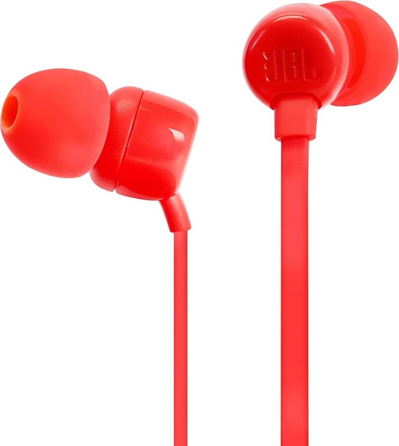 Проводные внутриканальные наушники JBL Tune 110 - Красный, с Pure Bass, динамики 9 мм, плоский кабель, встроенный микрофон и разъем 3.5 мм