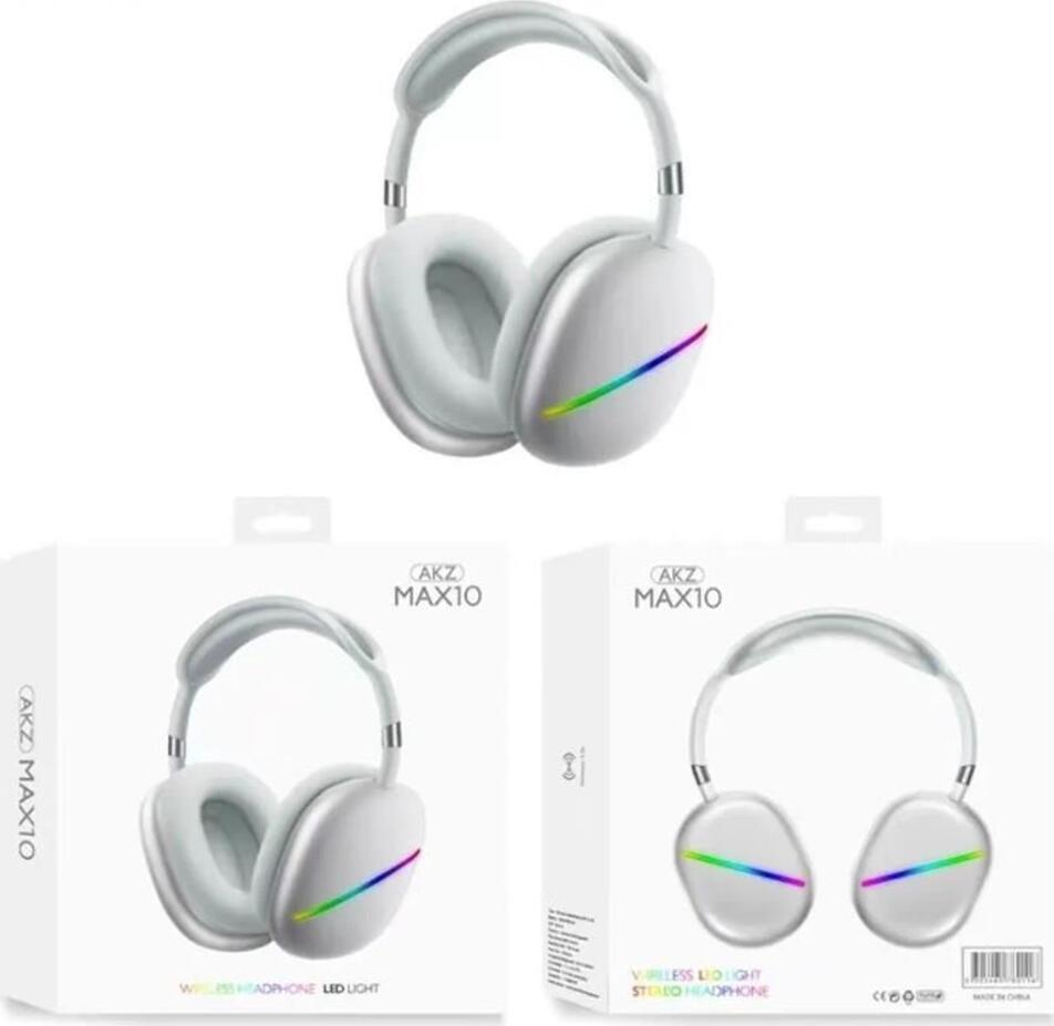 Musen AKZ-MAX10 Wireless Bluetooth On-Ear Headphones - Silver, with RGB LED, Deep Bass Stereo Sound, TF Card Slot, Built-in Mic, 3.5mm Jack, Siri Support