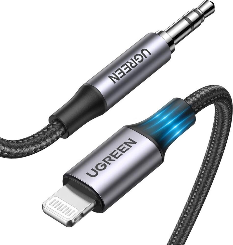 Adaptor Audio UGREEN US315 Lightning la 3.5mm Femela, Cablu AUX Certificat MFi din Nailon Impletit pentru iPhone iPad iPod, Fidelitate Ridicata, 1m