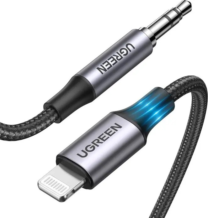 Adaptor Audio UGREEN US315 Lightning la 3.5mm Femela, Cablu AUX Certificat MFi din Nailon Impletit pentru iPhone iPad iPod, Fidelitate Ridicata, 1m