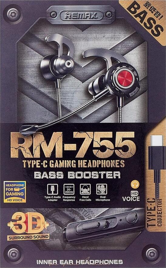 Casca de Gaming In-Ear Remax RM-755 USB Type-C, Sunet Surround 3D Hi-Fi Bass Booster, Microfon Dublu Retractabil, Cablu 1.2m Design Ergonomic TPE ABS