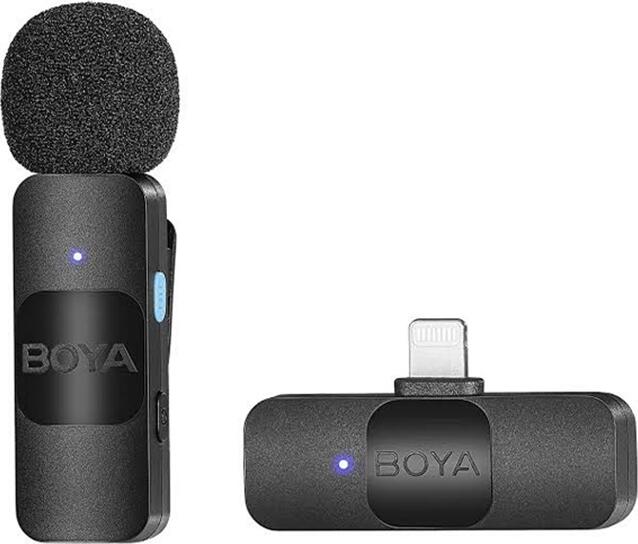 Boya BY-V1 Ultracompact Wireless Microphone System for iOS, Lightning Connector, Omnidirectional Lavalier, Noise Cancellation, 50m Range, Black