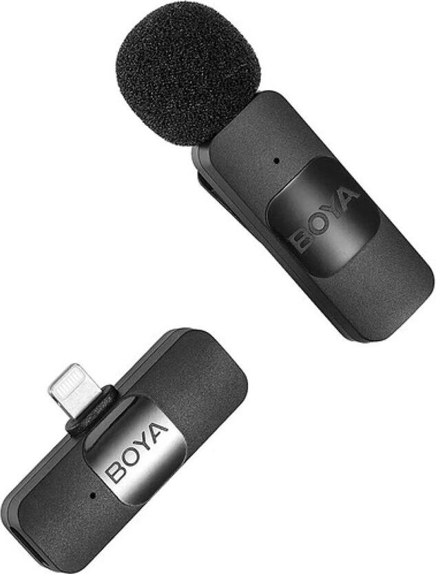 Boya BY-V1 Ultracompact Wireless Microphone System for iOS, Lightning Connector, Omnidirectional Lavalier, Noise Cancellation, 50m Range, Black