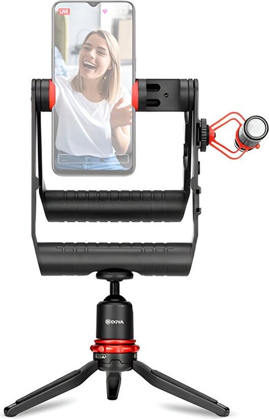Kit Rig Video pentru Smartphone Boya BY-VG380 cu Microfon Shotgun Cardioid BY-MM1, Trepied Mini, Cap Bilă și Parbriz de Blană, Aluminiu Negru