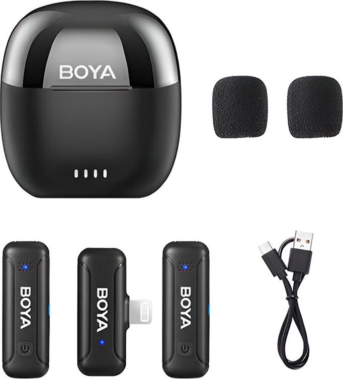 Boya BY-WM3T-D2 Dual-Channel Wireless Lavalier Microphone System for iPhone iPad Lightning, 2.4GHz, Noise Cancellation, 100m Range, with Charging Case