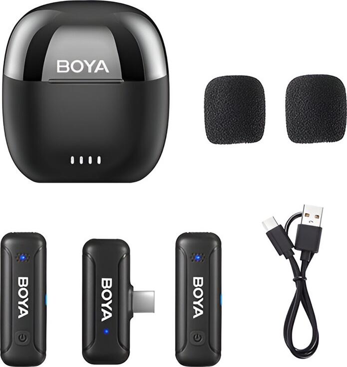 Boya BY-WM3T-U2 Dual-Channel Wireless Microphone System for USB-C, 2.4GHz, Noise Cancellation, 100m Range, Condenser Mic with Charging Case, Black