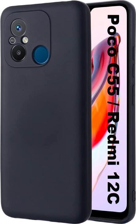 Black Shockproof Protective Case for Xiaomi Redmi 12C, Poco C55, Redmi 11A, Liquid Silicone and TPU Soft Back Cover, Anti-slip, Dustproof, Full Coverage