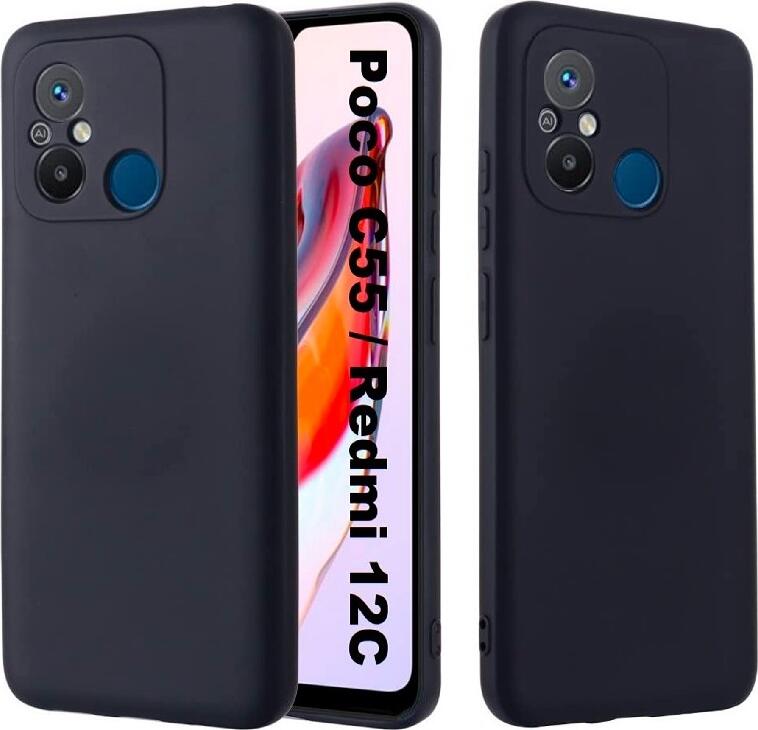 Black Shockproof Protective Case for Xiaomi Redmi 12C, Poco C55, Redmi 11A, Liquid Silicone and TPU Soft Back Cover, Anti-slip, Dustproof, Full Coverage