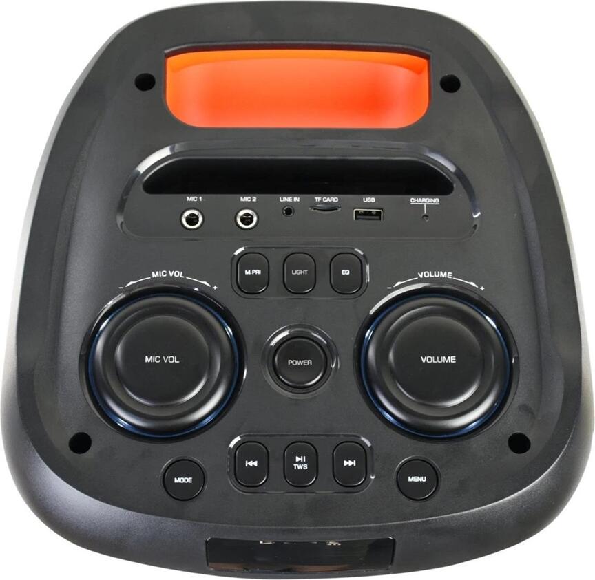 Box Party Eden ED-839, Putere 80W, Woofer de 8 inch, Bluetooth v5.0, TWS, Karaoke cu 2 Microfoane Wireless, Iluminare LED, Radio FM, Negru