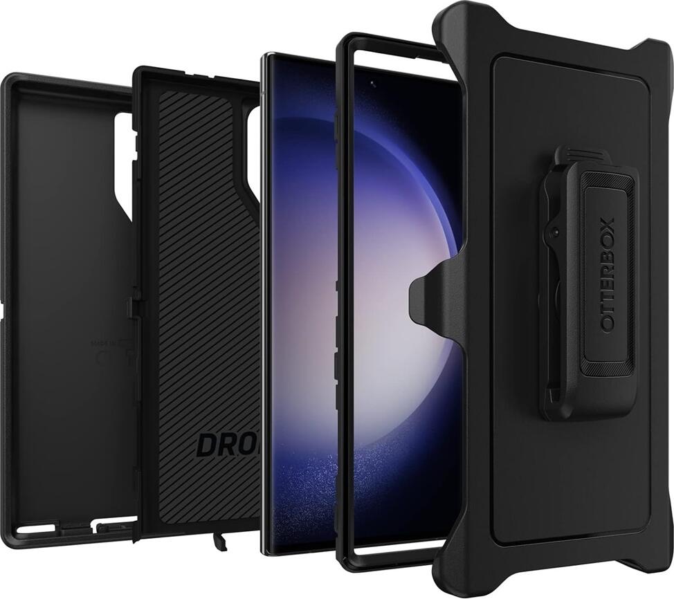Husa OtterBox Defender Series pentru Samsung Galaxy S23 Ultra, Protectie Drop+ Multi-strat PC si TPU, capace porturi, suport holster cu clip centura