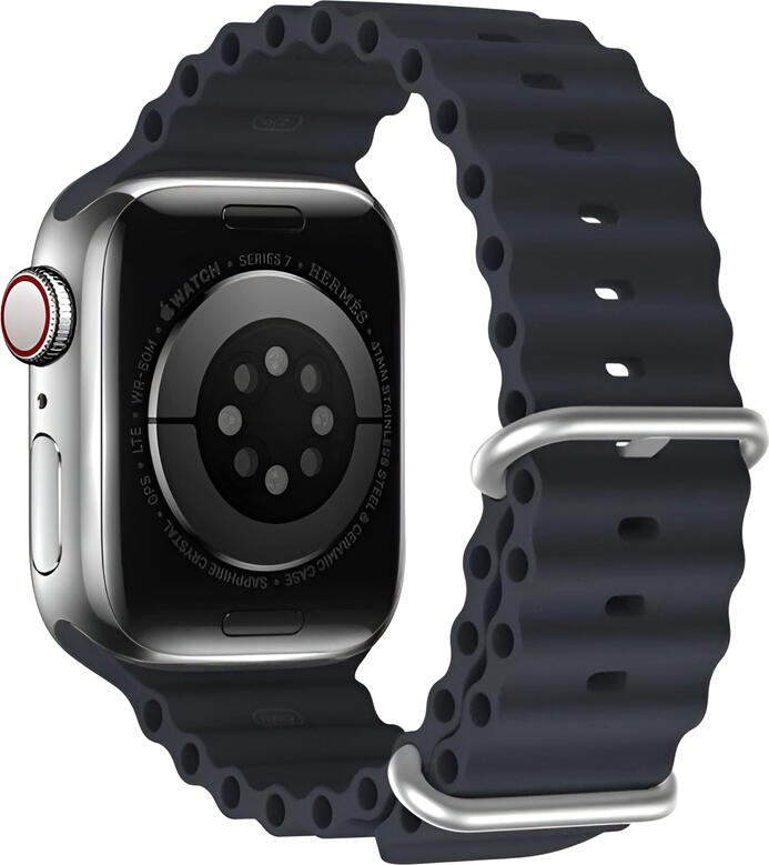 Dux Ducis OceanWave Silicone Strap for Apple Watch 42mm 44mm 45mm, Water-Resistant Ridged Band with Stainless Steel Buckle, Dark Blue, Series 1-10, SE