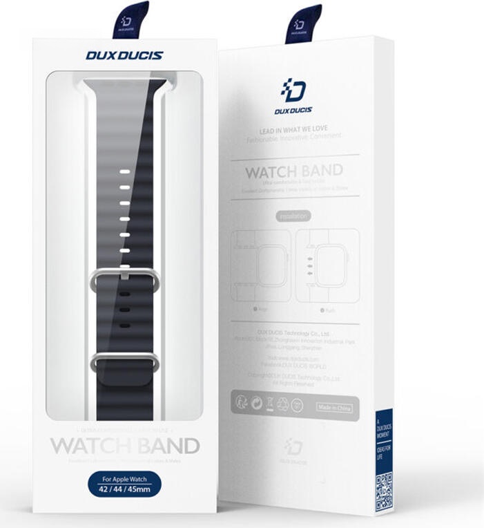 Dux Ducis OceanWave Silicone Strap for Apple Watch 42mm 44mm 45mm, Water-Resistant Ridged Band with Stainless Steel Buckle, Dark Blue, Series 1-10, SE