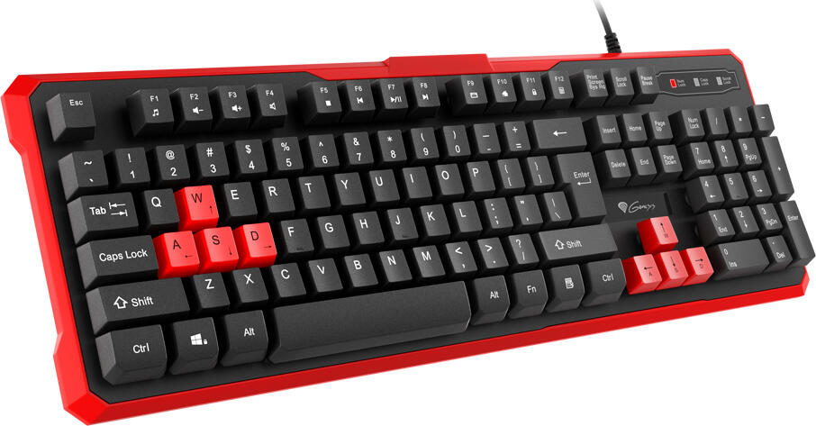 Genesis Rhod 110 NKG-0939 Membrane Gaming Keyboard, US Layout, 104 Keys, 19-Key Anti-ghosting, Wired USB, Spill-resistant, Black and Red