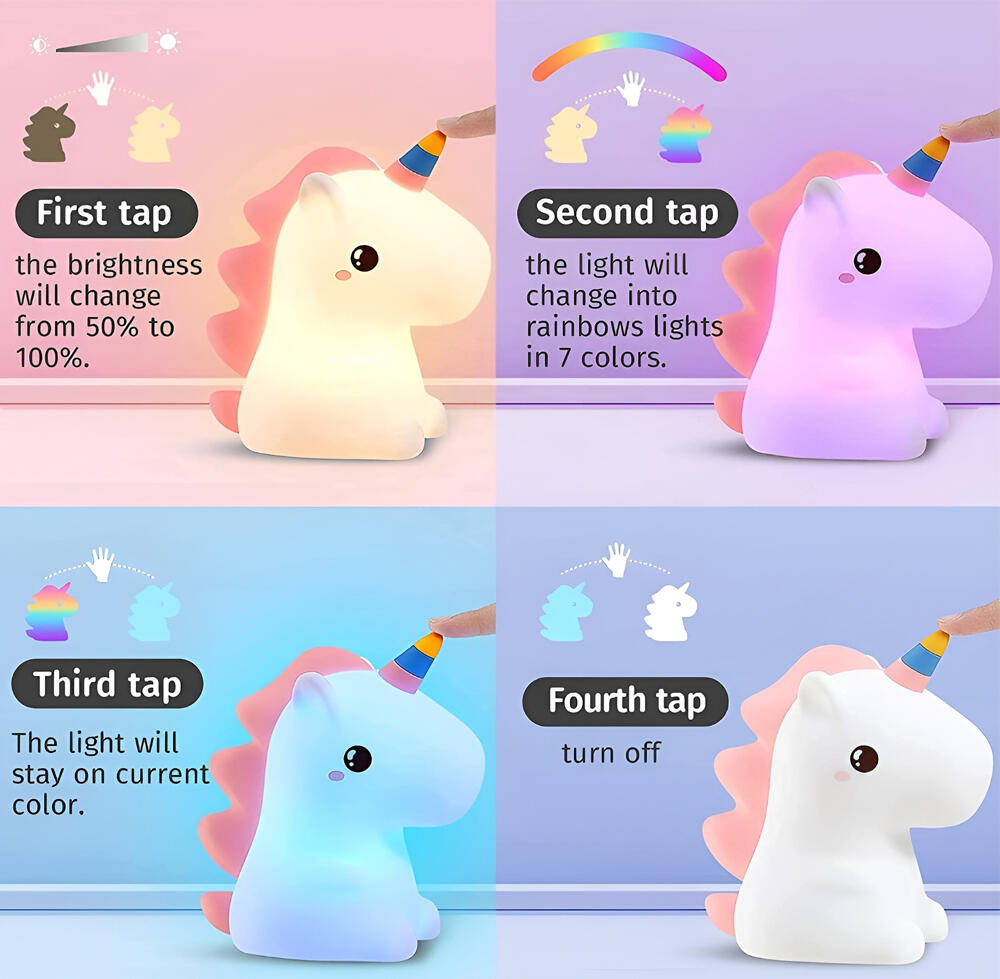 Unicorn Silicone Night Light, 1200mAh Battery USB-C Rechargeable LED Lamp, Touch Control with 7 Rainbow Colors, Soft Flexible Nursery Bedside Light