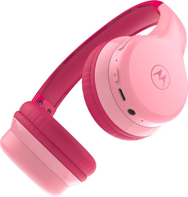 Casca Wireless On-Ear Motorola Moto JR300 pentru Copii, Roz, Limita Volum 85dB, Difuzor 30mm, Bluetooth si Jack 3.5mm, Autonomie 24h, Potrivire Reglabila
