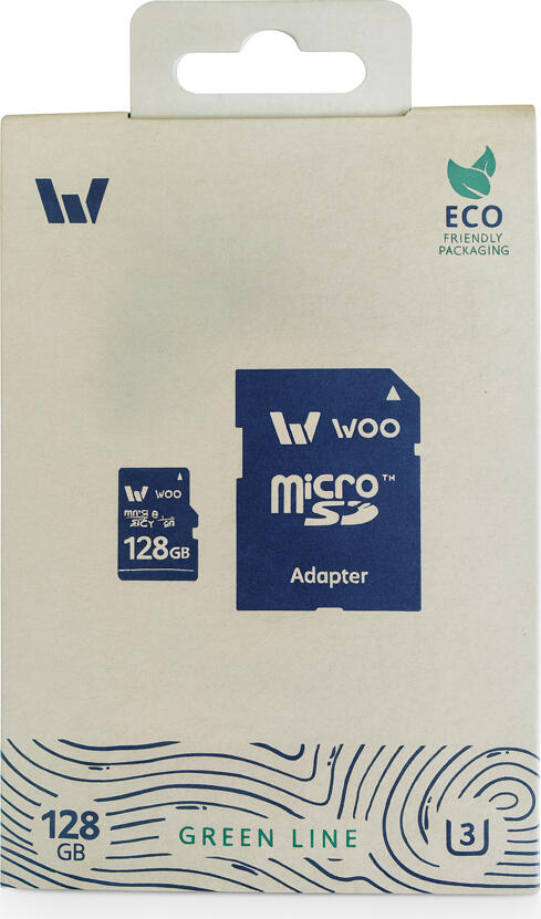 Card MicroSDXC WOO Green Line 128GB UHS-I cu Adaptor SD, Clasa de Viteza 10 U1 U3 V30, Ambalaj Ecologic