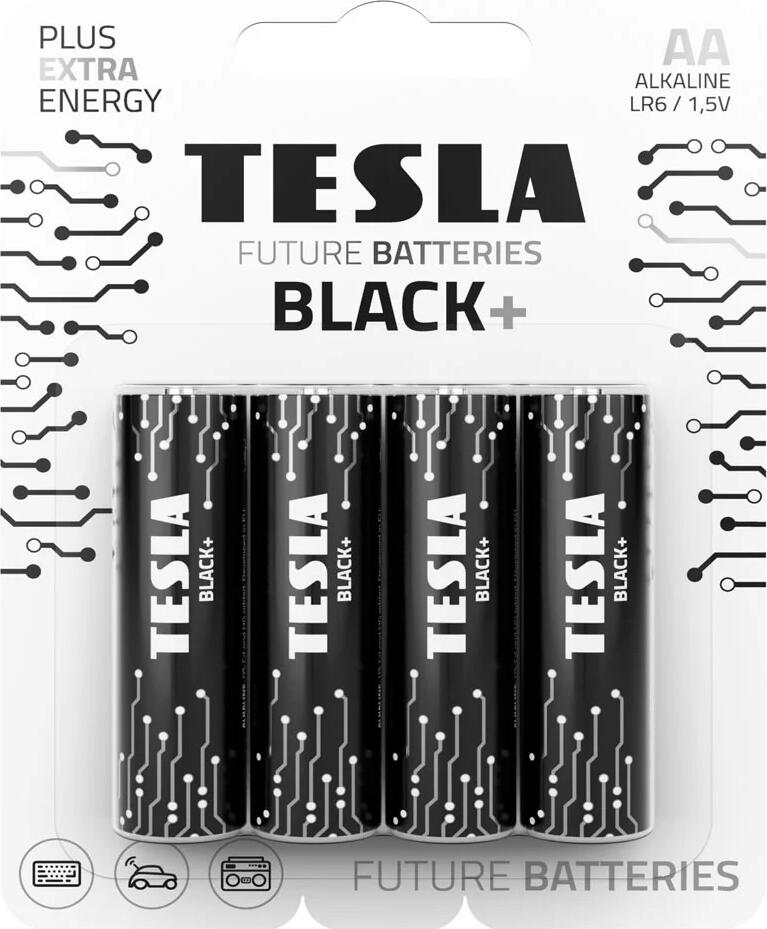 Tesla Black+ Alkaline Batteries 1.5V AA (LR6), Cadmium and Mercury Free, High Performance Power Cells, 4 pcs.