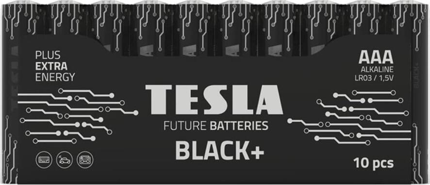 Tesla Black+ Alkaline Batteries 1.5V AAA (LR03), Cadmium and Mercury Free, High Performance Power Cells, 10 pcs.