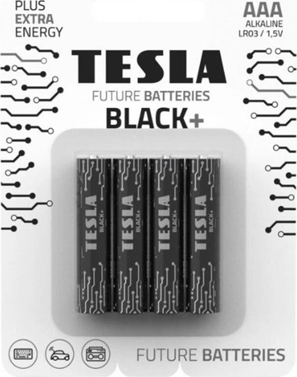 Baterii Alkaline Tesla Black+ 1.5V AAA (LR03), fara Cadmiu si Mercur, Celule de Energie de Inalta Performanta, 4 buc.