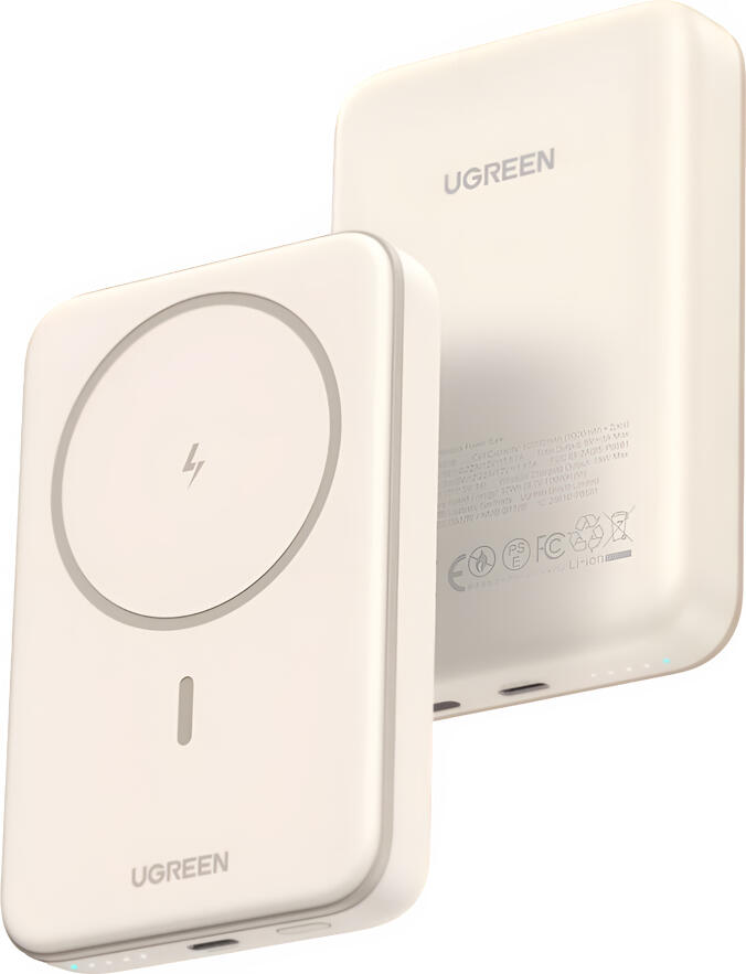 UGREEN Mini Magnetic Wireless Power Bank 10000mAh PB206, Beige, 20W USB-C PD Fast Charging, 15W Qi Wireless Charging, MagSafe Compatible, Trickle Mode