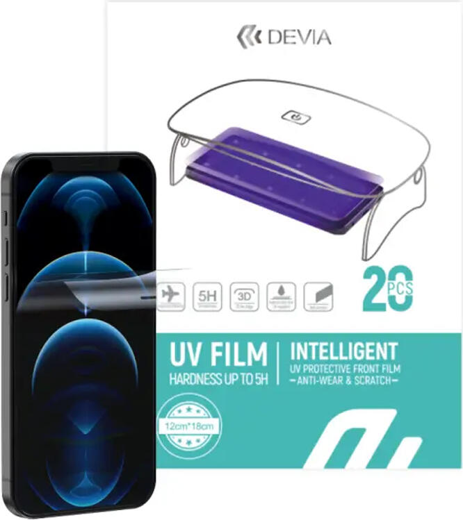 Интеллектуальная защитная пленка Devia Intelligent UV, твердость 5H, противоцарапное покрытие, 3D-посадка, прозрачная, 20 штук