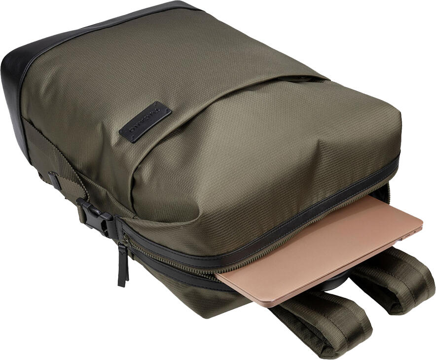 Tucano Modo Premium Laptop Backpack for 15.6 inch Laptops and 16 inch MacBooks, Military Green, Recycled Fabric with Leather Accents, Trolley Strap, Ergonomic Back