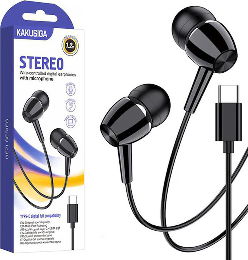 Casca In-Ear cu Fir Kakusiga KSC-1296 Seria HEZI, Culoare: Negru, Conector USB Type-C, Audio Stereo Digital cu Microfon Integrat si Telecomanda, Cablu 1.2m