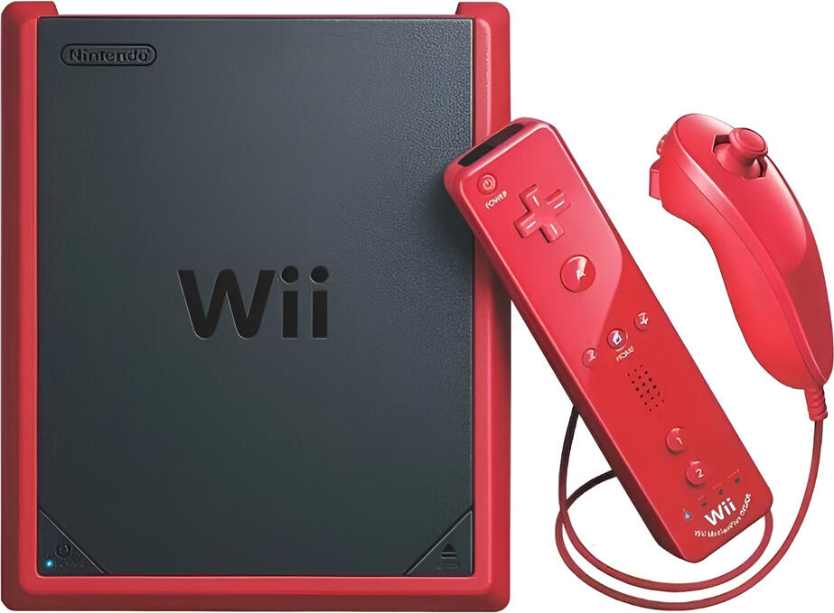 Nintendo Wii Mini Game Console, IBM Broadway CPU, 512MB RAM, 512MB Storage, 480p Resolution, Red and Black, includes Wii Remote Plus and Nunchuk