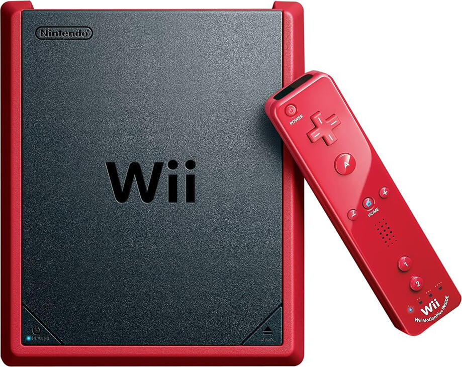 Nintendo Wii Mini Game Console, IBM Broadway CPU, 512MB RAM, 512MB Storage, 480p Resolution, Red and Black, includes Wii Remote Plus and Nunchuk
