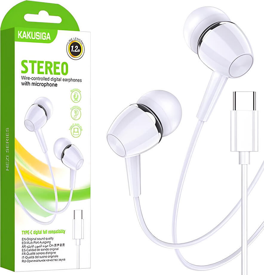 Casca In-Ear cu Fir Kakusiga KSC-1296 Seria HEZI, Culoare Alb, Conector USB Type-C, Audio Stereo Digital cu Microfon Integrat si Telecomanda, Cablu 1.2m