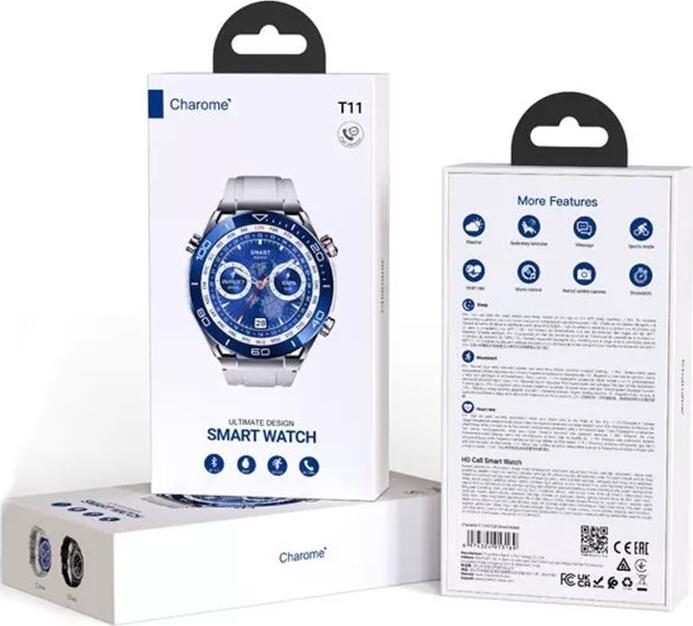Smartwatch Charome T11 cu ecran AMOLED rotund de 1.3 inch, apeluri HD Bluetooth, protectie IP68, senzor ritm cardiac, incarcare wireless pentru Android si iOS