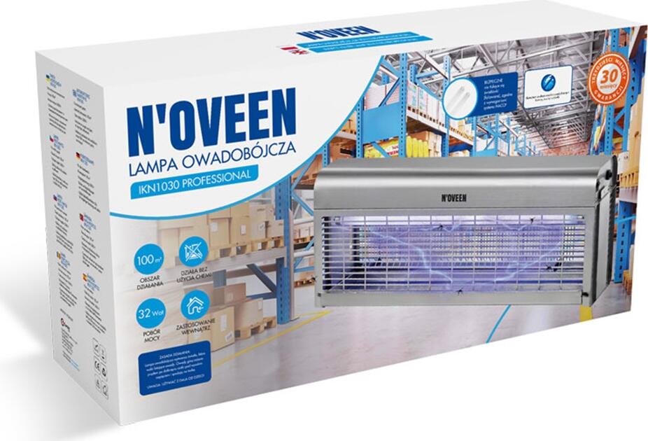 N'OVEEN IKN1030 Professional Electric Insect Killer Lamp, 32W UV-A, 100m2 Coverage, 304 Stainless Steel, High Voltage Grid for Flies and Mosquitoes