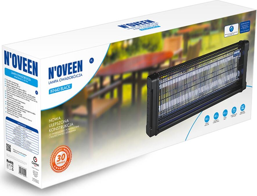 N'OVEEN IKN40 Electric Insect Killer Lamp, 40W UVA Light Trap for up to 180m2, 4000V High Voltage Grid, Metal and ABS Body with Collection Tray