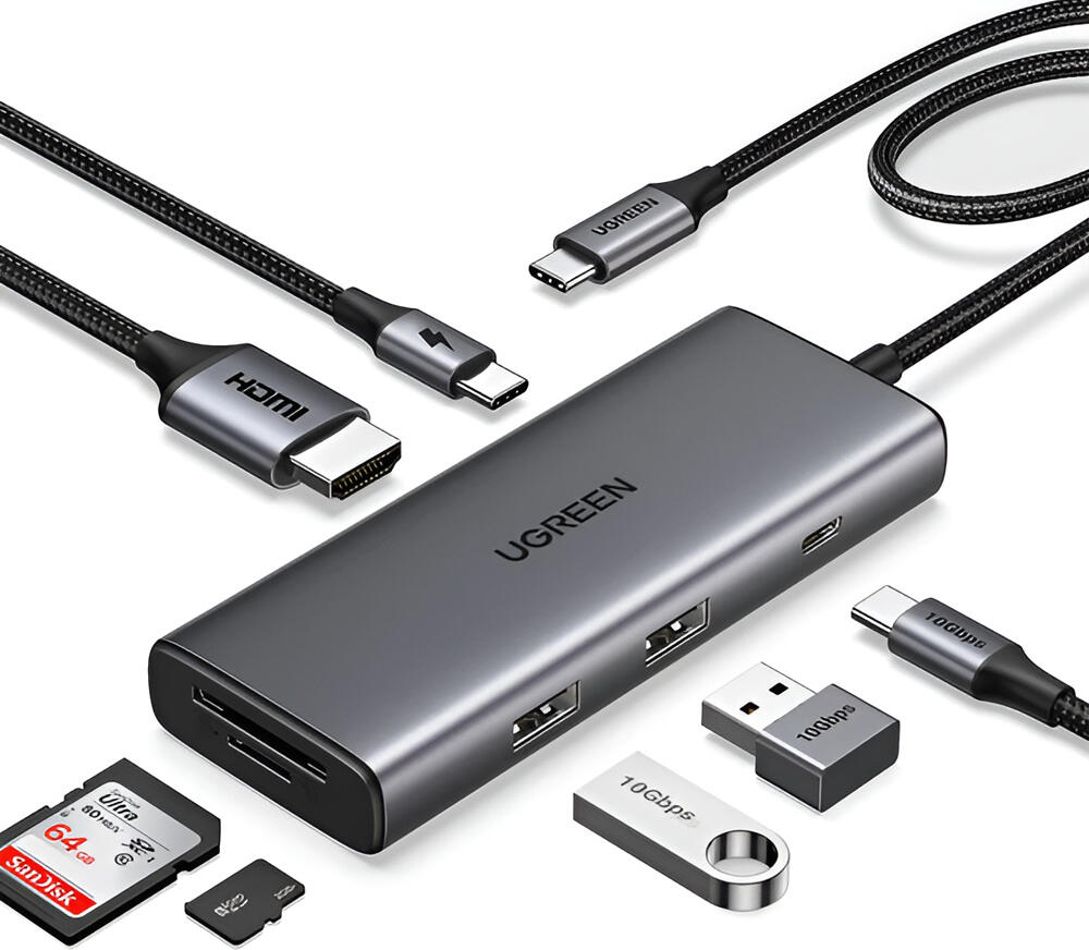 Hub USB-C UGREEN Revodok Pro 107 (CM498) 7-in-1, HDMI 4K@30Hz, Incarcare PD 100W, Dual USB 3.0 5Gbps, Cititor Card SD/TF, Aluminiu Space Gray