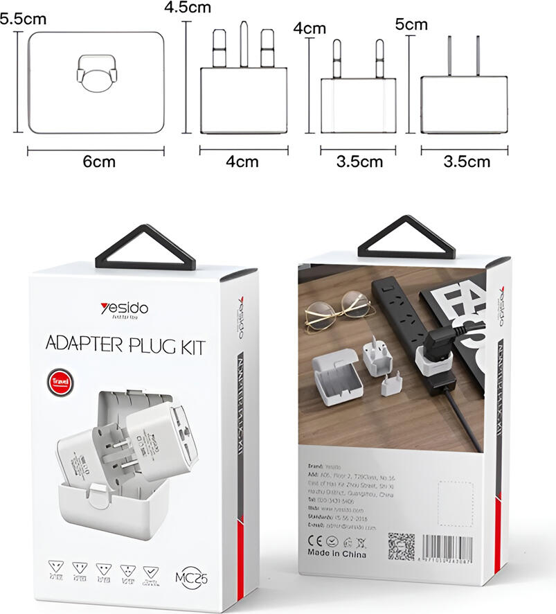 Yesido MC25 Universal Travel Adapter Plug Kit, AC 110-240V 750W 3A, Compatible with EU US UK CN Plugs, ABS Polycarbonate, White, with Storage Case