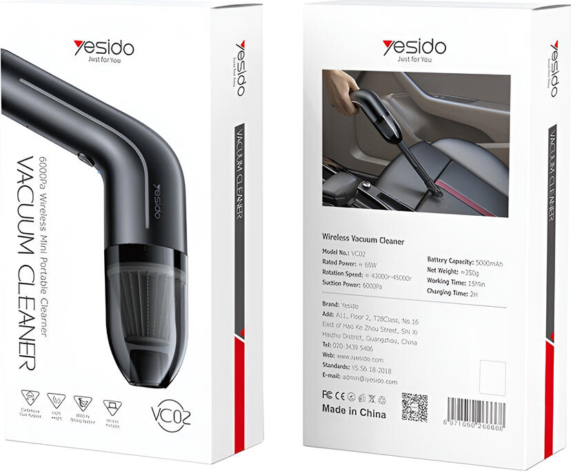 Yesido VC02 Handheld Portable Car Vacuum Cleaner and Blower, 6000Pa Suction, 65W, 5000mAh Battery, Wet & Dry Cleaning, USB-C Rechargeable, Black