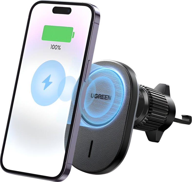 UGREEN CD345 Incarcator Auto Wireless Magnetic, Putere Maxima 15W Qi pentru iPhone 12/13/14/15 MagSafe, 18 Magneti N52H, Suport Grila Aer si Bord, Negru
