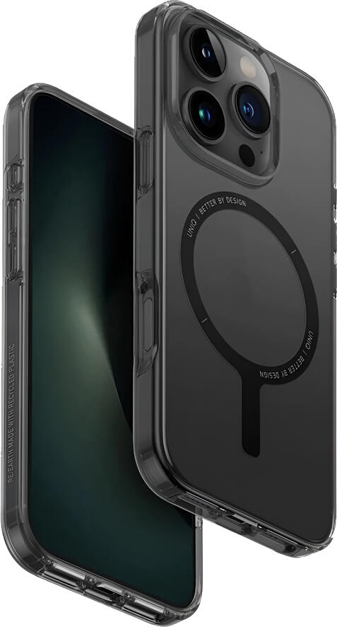 Husa Uniq Hybrid Clario ECO pentru iPhone 16 Pro, Smoke, Seria Re/Earth din Plastic Reciclat, Suport MagClick MagSafe, TPU Shock-Absorbent, Rezistenta 2H