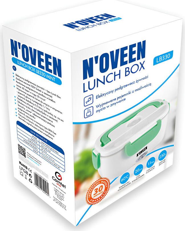 N'oveen LB330 Electric Lunch Box Food Heater, 1.6L Stainless Steel Containers, 40W PTC Heating, BPA-free Plastic, Folding Handle, Mint
