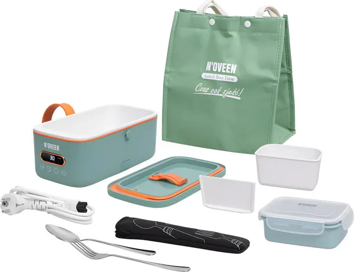 Lunch Box Electric N'OVEEN Multi MLB911 X-LINE, Containere 1L cu Invelis Ceramic, 300W, Timer Digital Touchpad, Geanta Termica si Tacamuri Otel